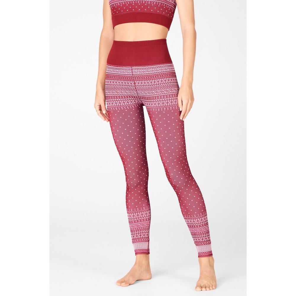 Fabletics Red Fair Isle Snowflake Seamless High Waisted Leggings Festive Holiday